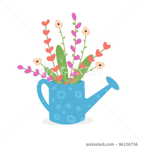 Cute garden watering can with red flowers. Blue 96136736