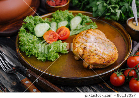 Grilled steak and vegetables close up 96138057