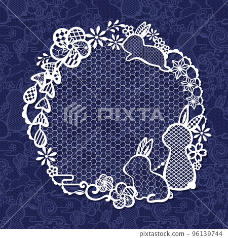 Rabbit and plum lace frame material_Japanese style illustration 96139744