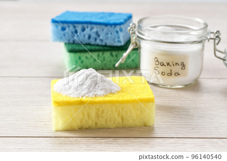 house care natural healthy cleaning with baking soda on a white wooden table. 96140540