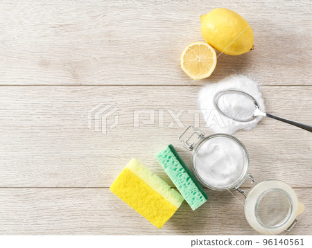 house care natural healthy cleaning with baking soda and lemon, top view. house care natural healthy cleaning with baking soda and lemon, top view. 96140561