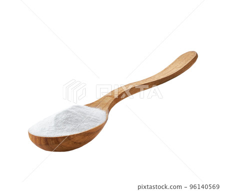 baking soda in a wooden spoon isolated on white background. 96140569