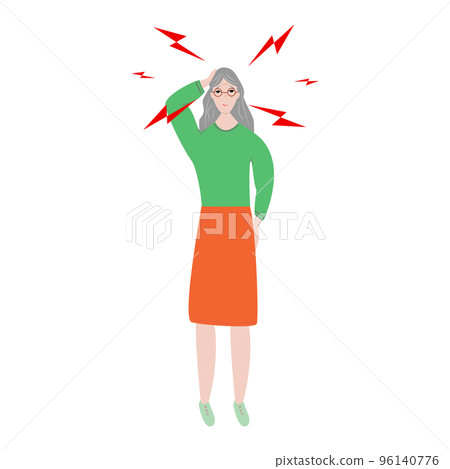 Sad Asian Senior woman having headache or dizziness. Sick girl touching her head. Girl suffering from fever or influenza.Symptom of common cold, infectious disease. Flat cartoon vector. 96140776