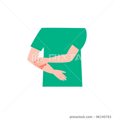 Young man or women scratching arm. Guy suffering from strong allergy skin itchy symptom in flat design. Red rash skin irritation. Vector illustration. 96140783