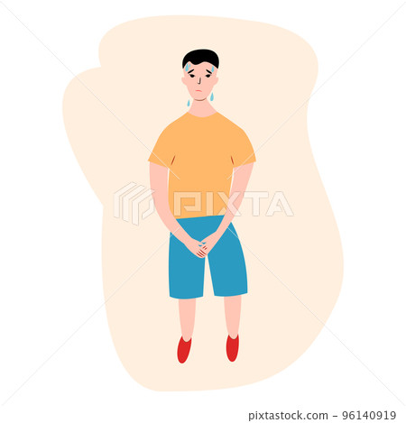 Urinary incontinence problem. Asian boy hands holding his crotch, male gender want to pee all the time. Vector illustration. 96140919