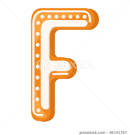 Letter F made from glazed gingerbread. Festive font, symbol of Happy New Year and Christmas, sign and letters of different shapes. Vector flat illustration 96141767