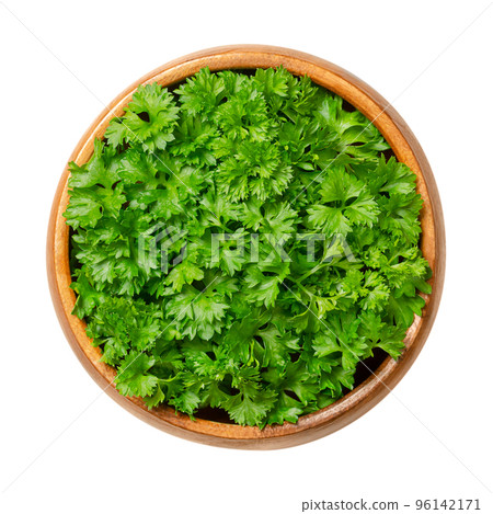Fresh curly leaf parsley, in a wooden bowl. Curly parsley, with bright green crinkled leaves, used as a garnish. Petroselinum crispum, widely cultivated as herb and as vegetable. Close-up, from above. 96142171