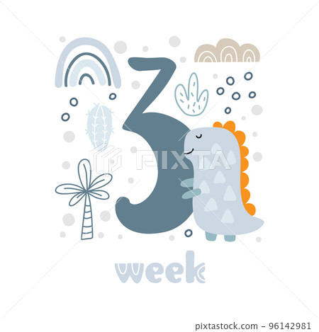 3 three week Baby boy anniversary card newborn metrics. Baby shower print with cute animal dino, flowers and palm capturing all special moments. Baby milestone card for newborn 96142981