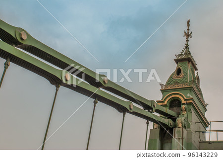 The steel structure of the Hammersmith Bridge in the west side of London The first suspension bridge that crossed the River Thames from Hammersmith to Barnes 96143229