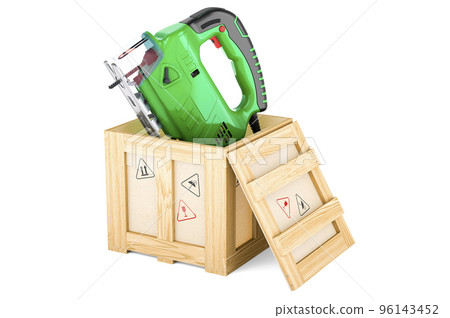 Jigsaw power inside wooden box, delivery concept. 3D rendering 96143452