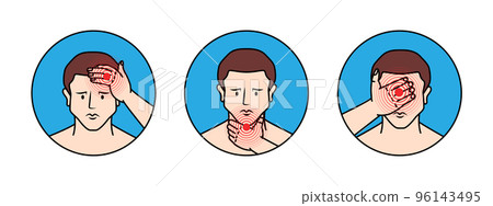Pains in head, throat and neck. Human head pains in circle set. Ache in different part of human body set. Vector illustration Pains in head, throat and neck. Human head pains in circle set. Ache in different part of human body set. Vector illustration 96143495