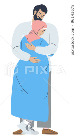 Husband hugs his wife. Pregnant Muslim woman. Traditional couple. . Vector illustration Husband hugs his wife. Pregnant Muslim woman. Traditional couple. . Vector illustration 96143678
