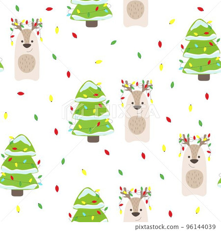 Christmas pattern. Green Christmasr tree with snow and garlands and Christmas deer Christmas pattern. Green Christmasr tree with snow and garlands and Christmas deer 96144039
