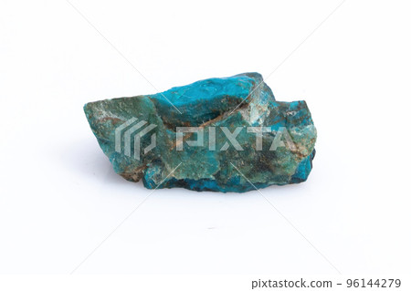Natural Chrysocolla stone on a white background. Mineral of blue and bluish-green color on a white background 96144279