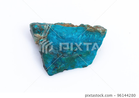 Natural Chrysocolla stone on a white background. Mineral of blue and bluish-green color on a white background 96144280
