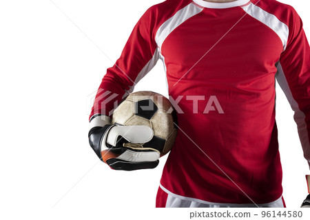 Goalkeeper holds the ball in the stadium during a football game. Isolated on white background Goalkeeper holds the ball in the stadium during a football game. Isolated on white background 96144580