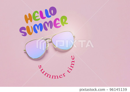 sunglasses with the words hello summer written on it and an image of a smiley face made out of rainbow colored glasses sunglasses with the words hello summer written on it and an image of a smiley face made out of rainbow colored glasses 96145139