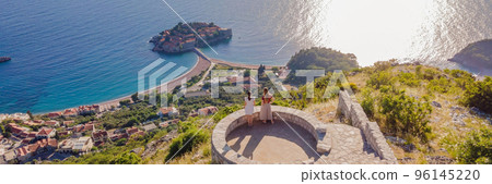 BANNER, LONG FORMAT The Church of St. Sava in Montenegro, near the island of Sveti Stefan near Budwa. Drone view. Location: church St. Sava, Montenegro, Balkans, Adriatic sea, Europe Portrait of a 96145220