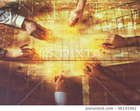 Teamwork and brainstorming concept with businessmen that share an idea with a lamp. Concept company startup. Double exposure 96145462