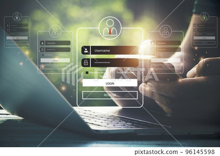 User typing login and password.Hand man use mobile phone for  log in to enter login and password 96145598