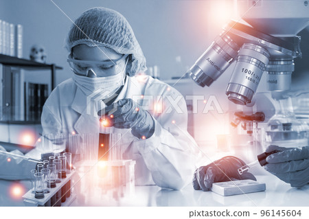 Double exposure microscope and Young woman scientific using equipment in the laboratory for research Double exposure microscope and Young woman scientific using equipment in the laboratory for research 96145604