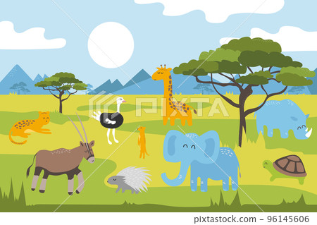 Cartoon wild animals in the savannah. Cartoon panorama, mountains in background 96145606