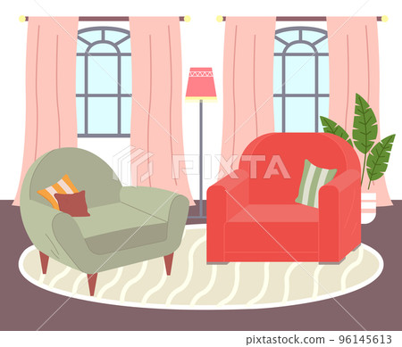 Design of interior living room, two armchairs at carpet, windows with curtains, lamp, plant decor 96145613