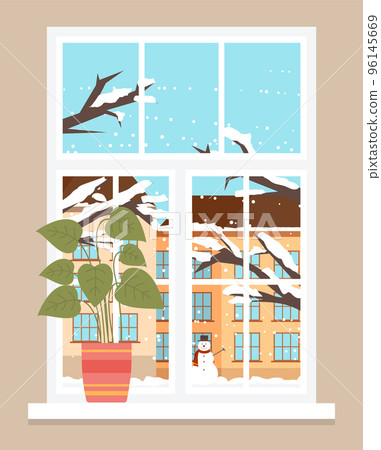 View Outside Window Winter Cityscape and Frost 96145669