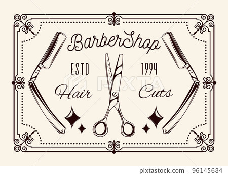 Barbershop tools, dangerous razor, scissors, inscription Haircut, ESTD 1994. Vintage logo on gray Barbershop tools, dangerous razor, scissors, inscription Haircut, ESTD 1994. Vintage logo on gray 96145684