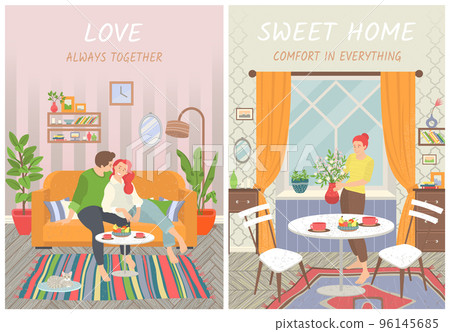 Sweet Home People in Room, Couple on Sofa Vector Sweet Home People in Room, Couple on Sofa Vector 96145685