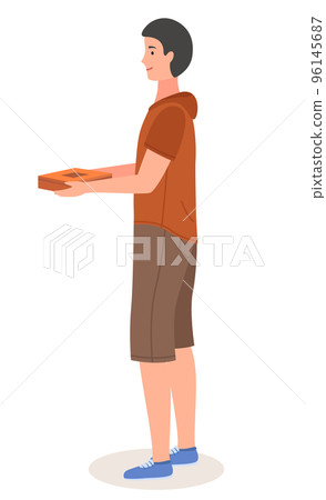 Young smiling guy with deliver box in hands, from side view, courier holding parcel, cardboard Young smiling guy with deliver box in hands, from side view, courier holding parcel, cardboard 96145687