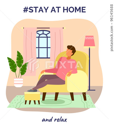 Stay at home and relax, guy sitting in armchair, quarantine self-isolation, loneliness with cat 96145688