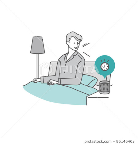 Young man setting alarm on smart speaker 96146402