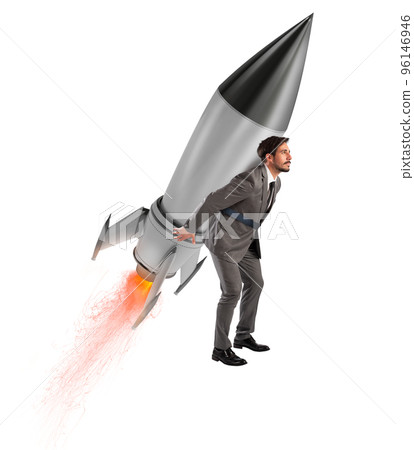 Determination and power businessman that holds a rocket isolated on white background. Increase, away. 96146946