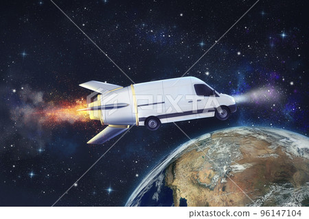 Super fast delivery of package service with flying van like a rocket. Earth provided by NASA Super fast delivery of package service with flying van like a rocket. Earth provided by NASA 96147104