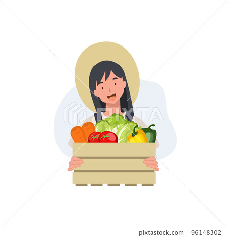 Female farmer holding a box of assorted set of vegetables. Flat vector cartoon character illustration. 96148302