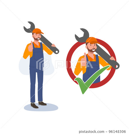 Mechanic service approval. Good fixing service concept. Flat vector cartoon character illustration. Mechanic service approval. Good fixing service concept. Flat vector cartoon character illustration. 96148306