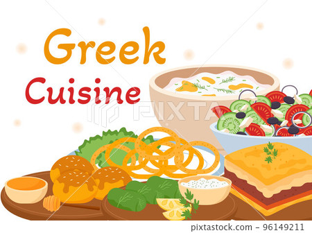 Greek Cuisine Restaurant Set Menu Delicious Dishes Traditional or National Food in Flat Cartoon Hand Drawn Template Illustration Greek Cuisine Restaurant Set Menu Delicious Dishes Traditional or National Food in Flat Cartoon Hand Drawn Template Illustration 96149211