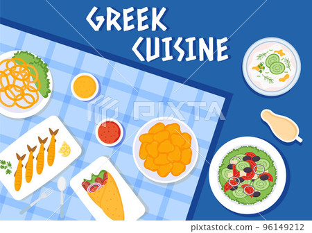 Greek Cuisine Restaurant Set Menu Delicious Dishes Traditional or National Food in Flat Cartoon Hand Drawn Template Illustration 96149212