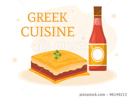 Greek Cuisine Restaurant Set Menu Delicious Dishes Traditional or National Food in Flat Cartoon Hand Drawn Template Illustration 96149213