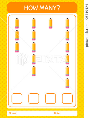 How many counting game with pencil. worksheet for preschool kids, kids activity sheet 96149424