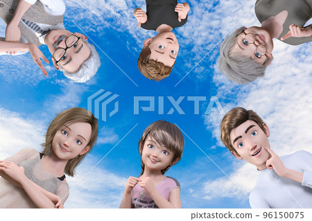 A cheerful family gathers against the background of the blue sky A cheerful family gathers against the background of the blue sky 96150075