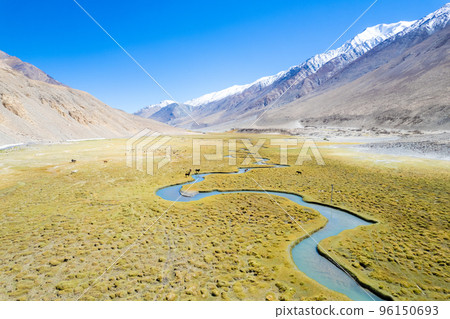 Landscape aerial view of mountains with river and green valley in Himalayas with blue sky in Nubra valley, Jammu and Kashmir, India.  96150693