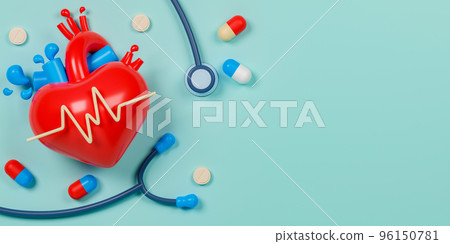 3d rendering concept healthcare and medical illustration. Heart with stethoscope and pills on light blue background. 3d rendering concept healthcare and medical illustration. Heart with stethoscope and pills on light blue background. 96150781