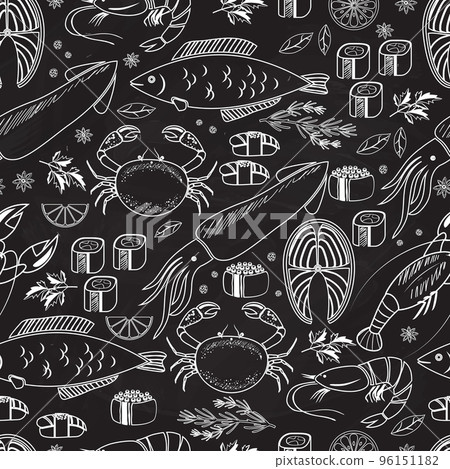 Seafood and fish chalkboard seamless background 96151182