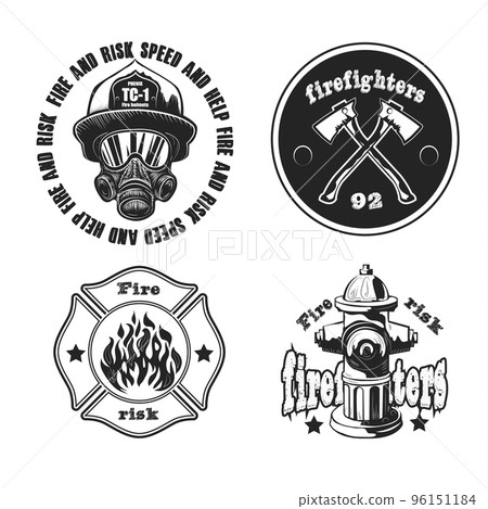 Set of firefighter emblems, labels, badges, logos. Isolated on white. Set of firefighter emblems, labels, badges, logos. Isolated on white. 96151184