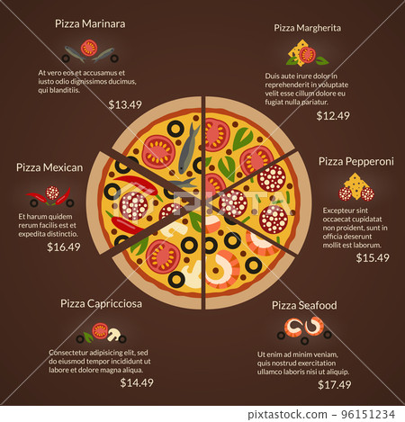 Round pizza with different sort slices and ingredients in flat vector style Round pizza with different sort slices and ingredients in flat vector style 96151234