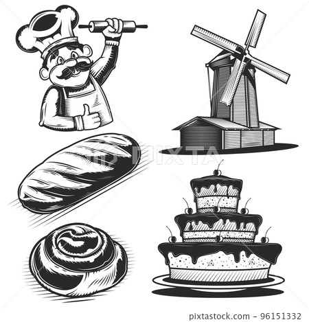 Set of bakery products, a baker and a mill for creating your own badges, logos, labels, posters etc. Isolated on white. 96151332