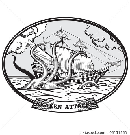 Sailing ship and Kraken monster octopus vector emblem in hand drawn style 96151363