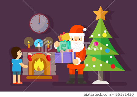 Santa gives gifts to little boy at Christmas tree 96151430